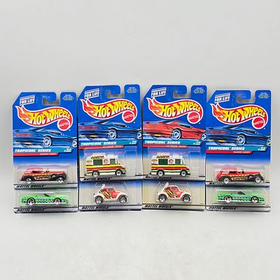 Pair of 90s Hot Wheels Sets. Lot of 8 Hot Wheels Diecast Vehicles from the Tropicool Series 