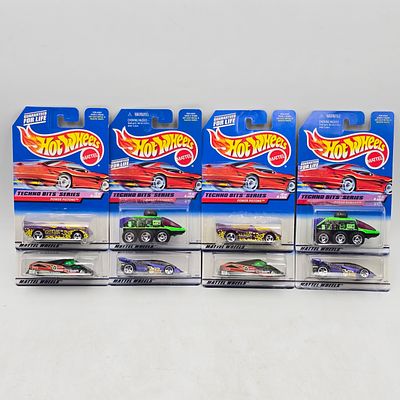 Pair of 90s Hot Wheels Sets. Lot of 8 Hot Wheels Diecast Vehicles from the Techno Bits Series 