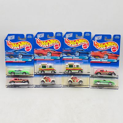Pair of 90s Hot Wheels Sets. Lot of 8 Hot Wheels Diecast Vehicles from the Tropicool Series 