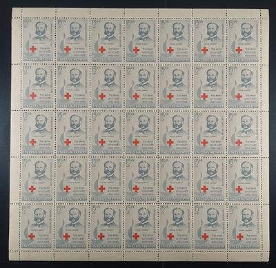 India 1963 Red Cross Centenary, 15np - Mnh, brown gum - Full Sheet of 35 Stamps