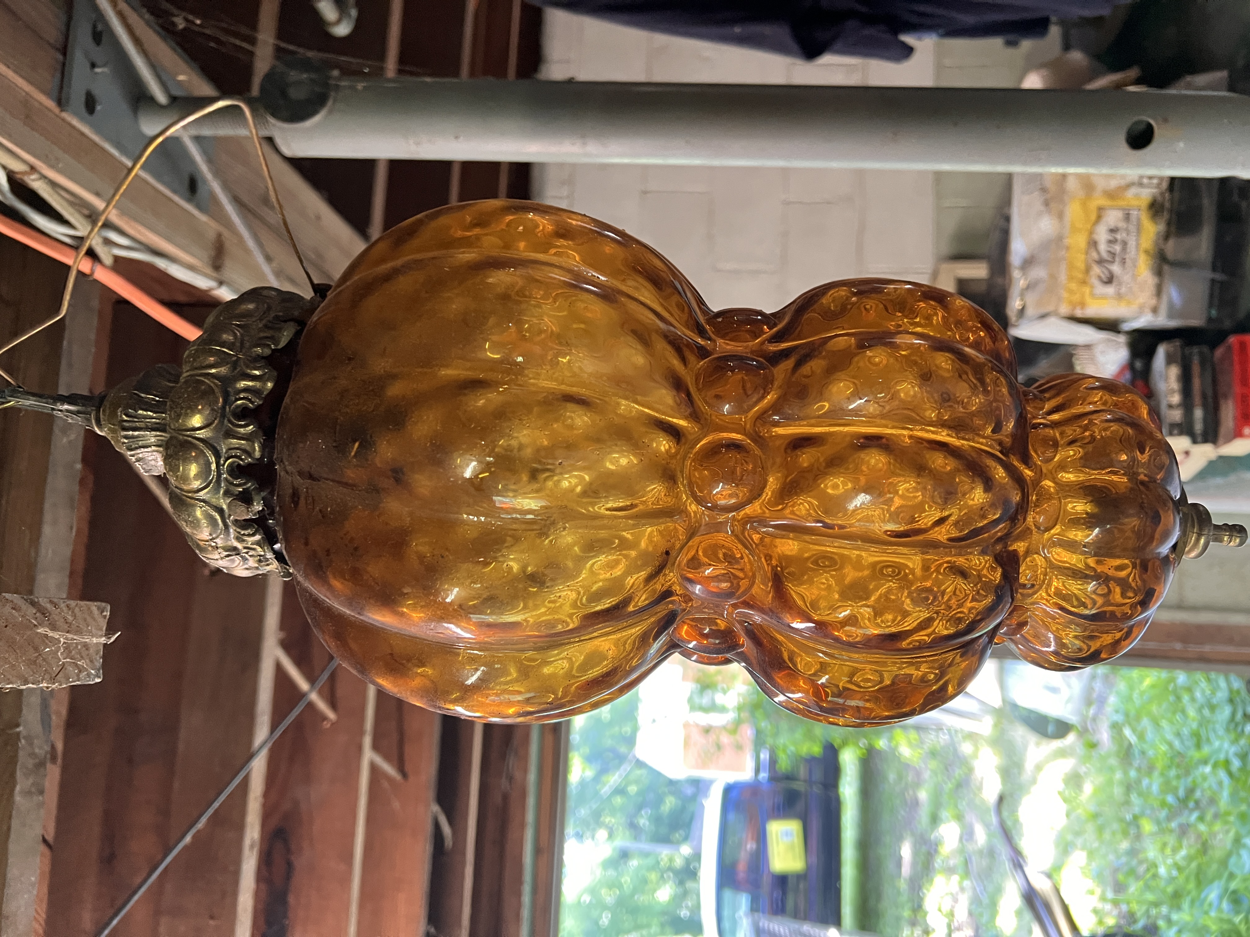 Mid-Century Modern Triple-Lobed Amber Optic Glass Swag Pendant Lamp