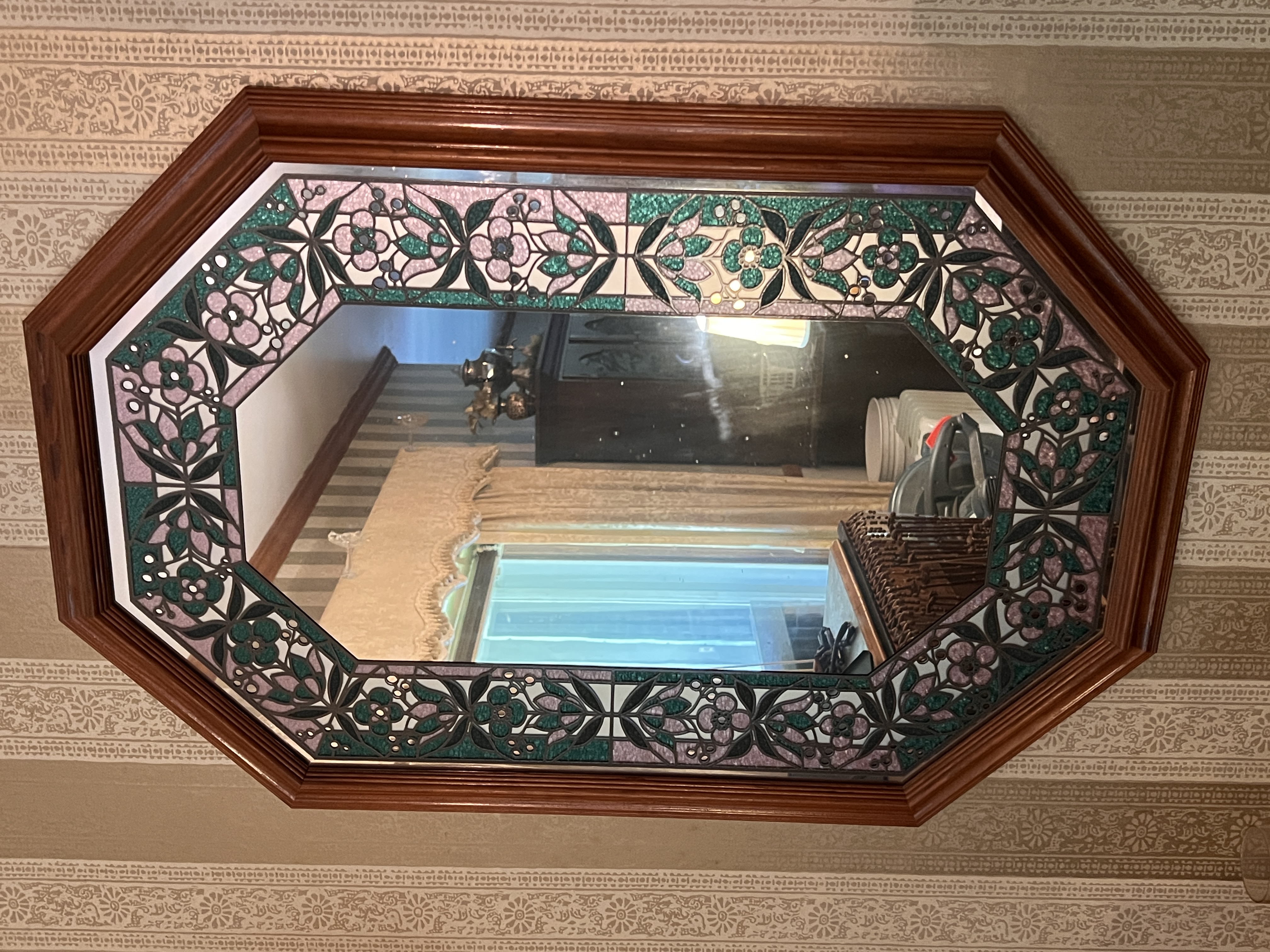 A Pair of Octagonal Wood Framed Wall Mirrors with Faux Stained Glass Borders