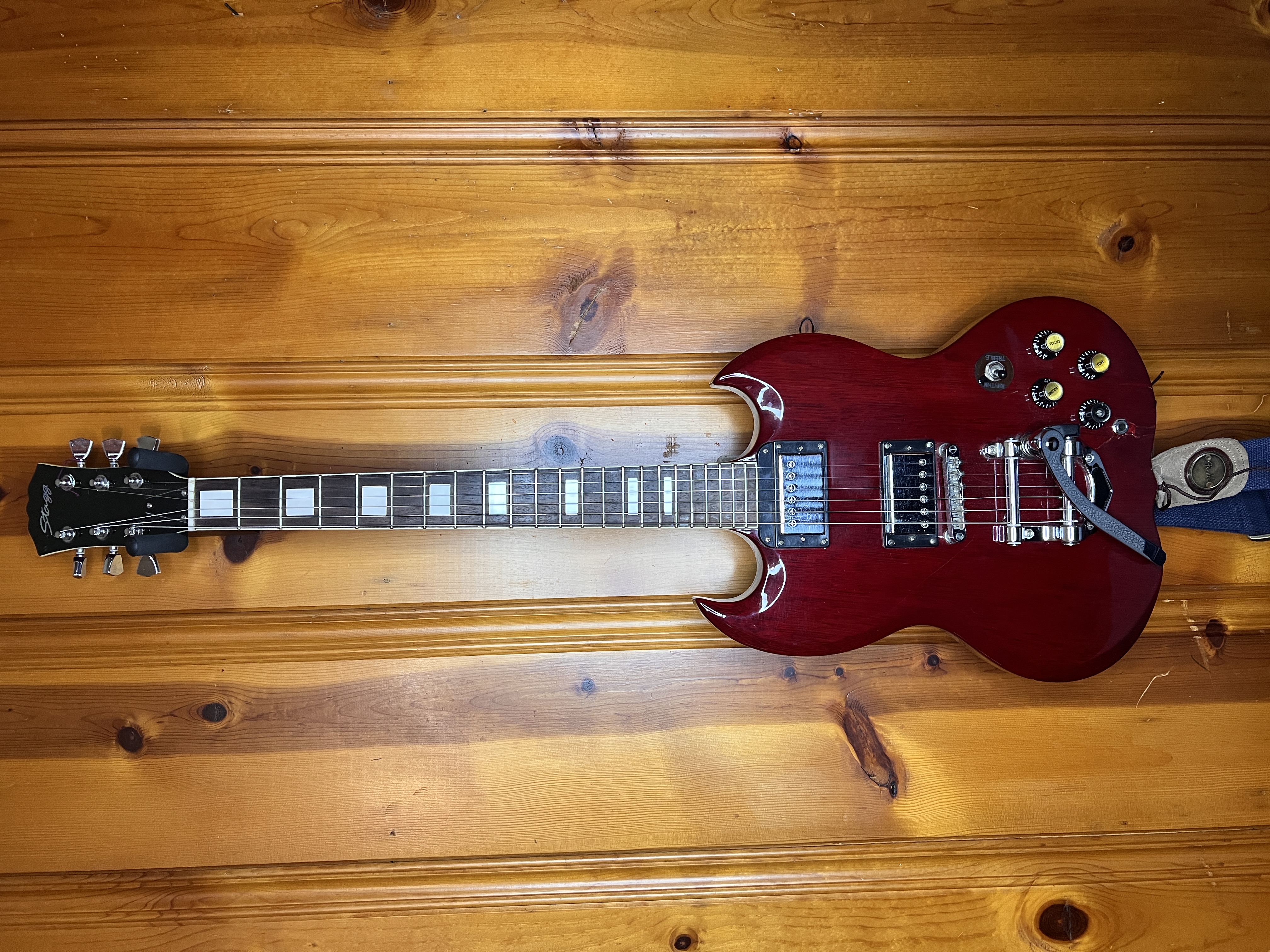 Stagg SG-Style Double-Cutaway Electric Guitar in Transparent Cherry Finish