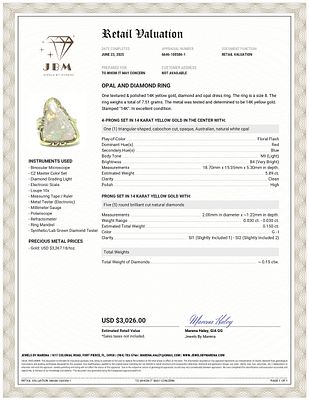 Opal and Diamond Ring. S/7.5-LSS 
This magnificent 14k yellow gold ring features a spectacular 