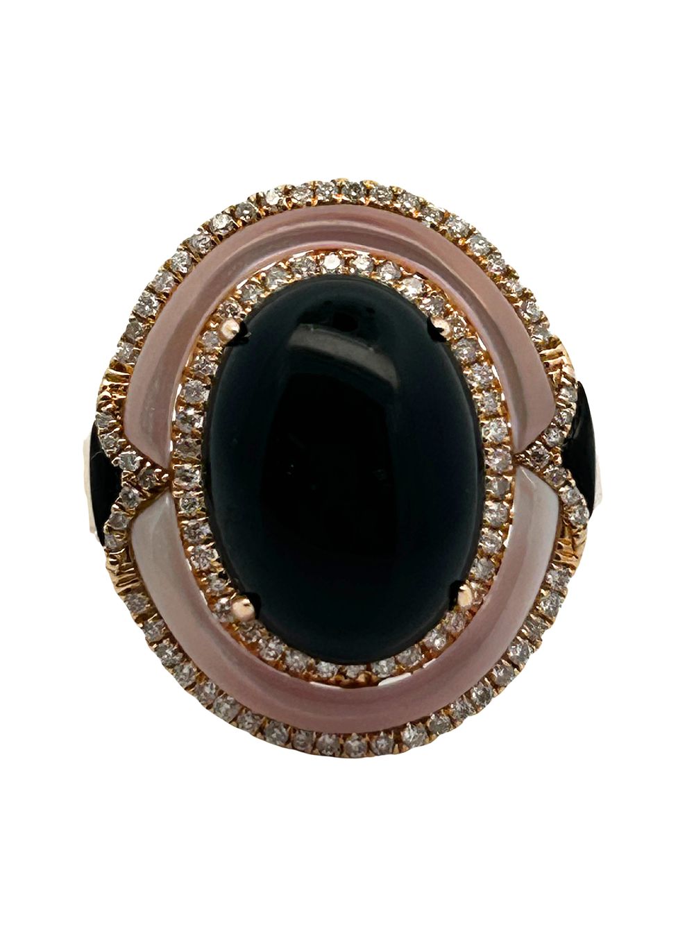 14K Onyx Mop & Diamond Ring. CJI1962/17-LAO 
This exquisite 14k yellow gold ring features a 