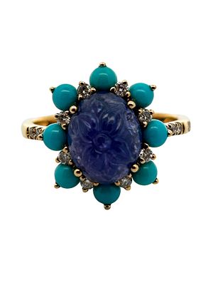 18K Carved Tanzanite, Turquoise & Diamond Ring. CJI1962/22-TYL 
This exquisite 18k yellow gold 