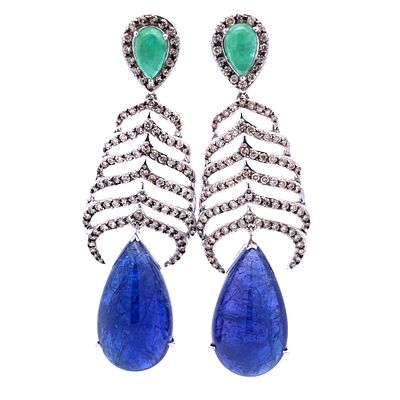 Cabochon Tanzanite, Emerald Diamond Earrings. AF6947/39-NNNM 
An opulent and dramatic statement 
