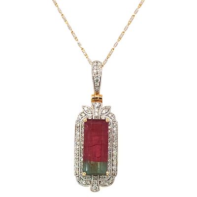 Watermelon Tourmaline & Diamond Necklace. E7352/8-MSYS 
This exquisite 14k gold necklace 