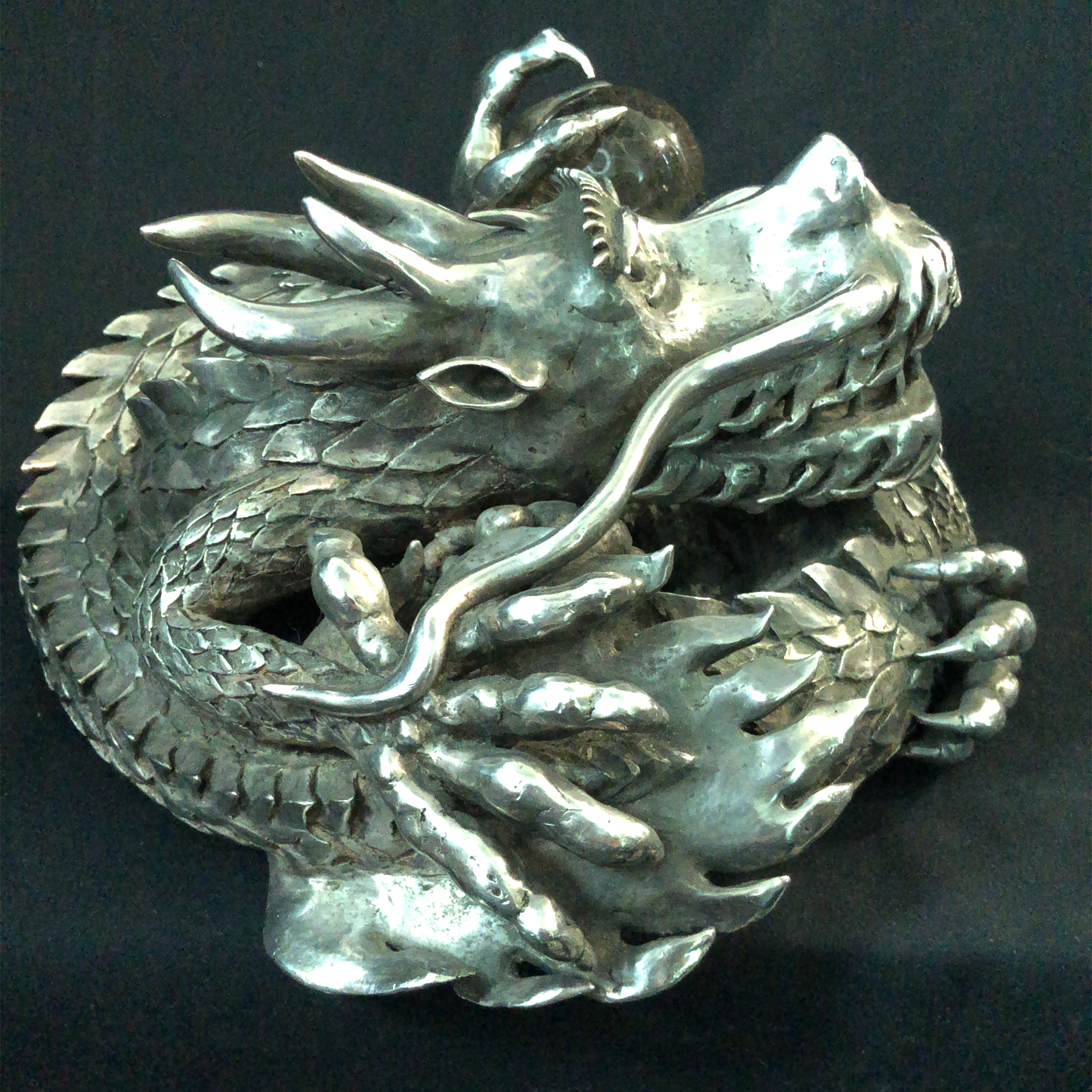 Sand Casted Fine Silver Dragon with Crystal Ball