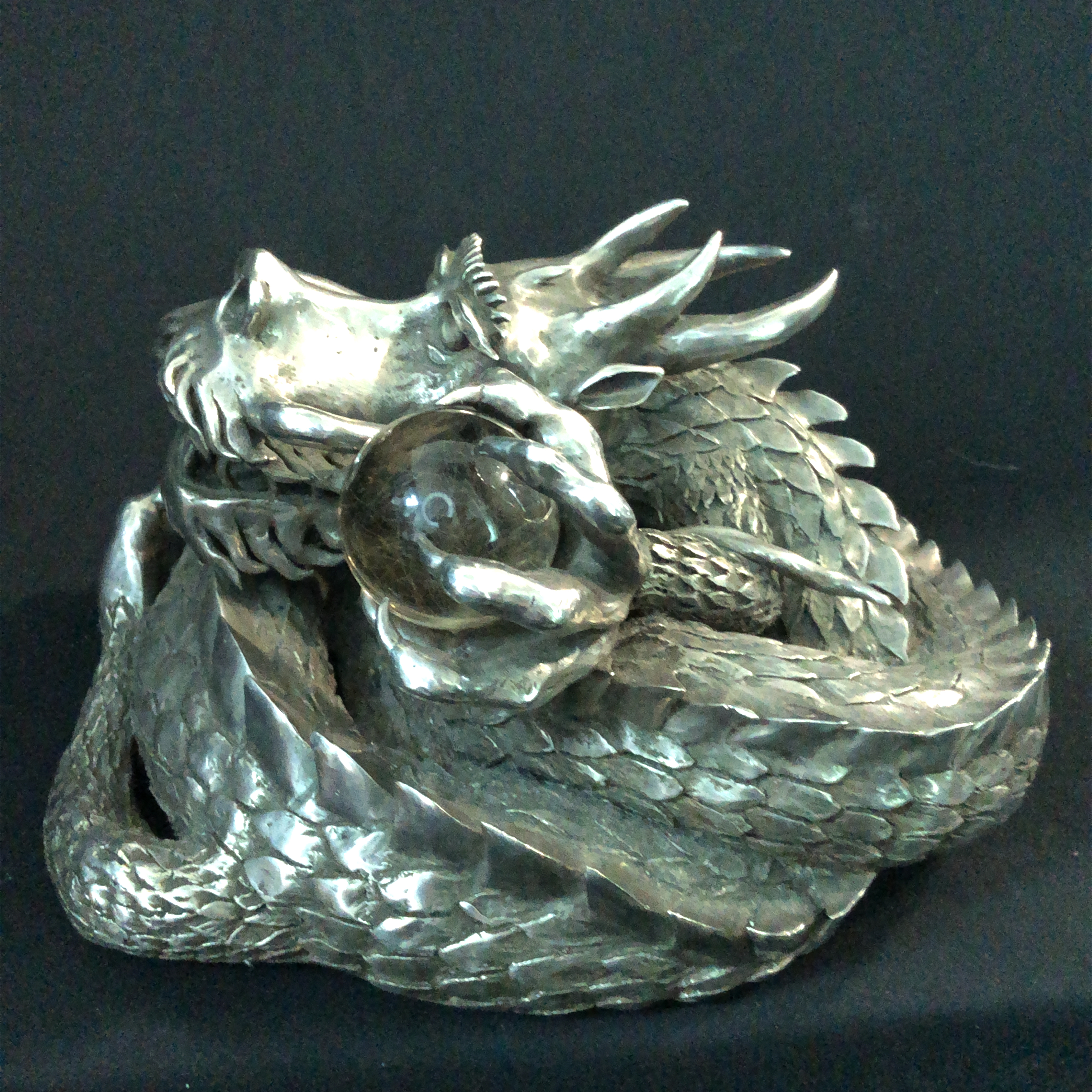 Sand Casted Fine Silver Dragon with Crystal Ball
