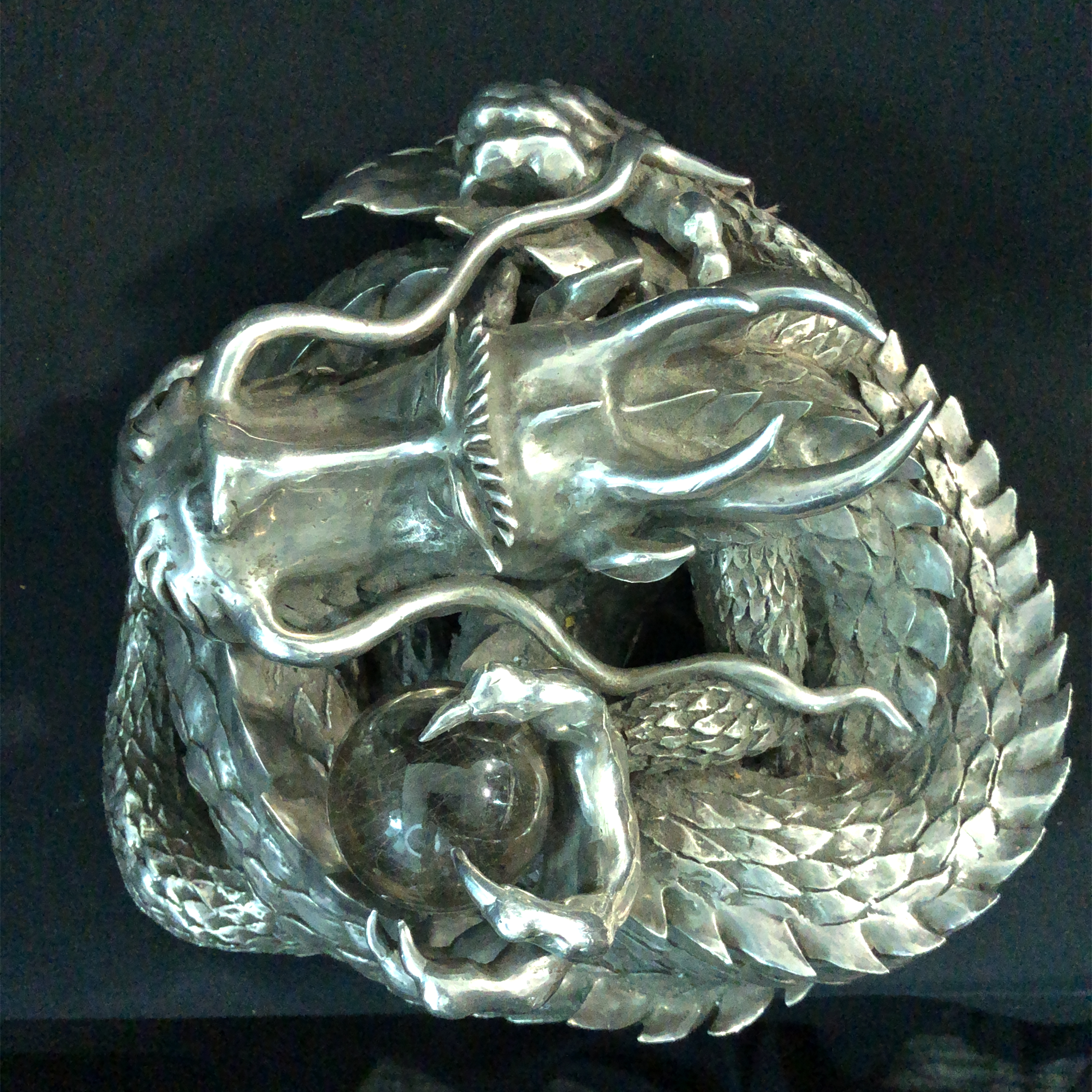 Sand Casted Fine Silver Dragon with Crystal Ball
