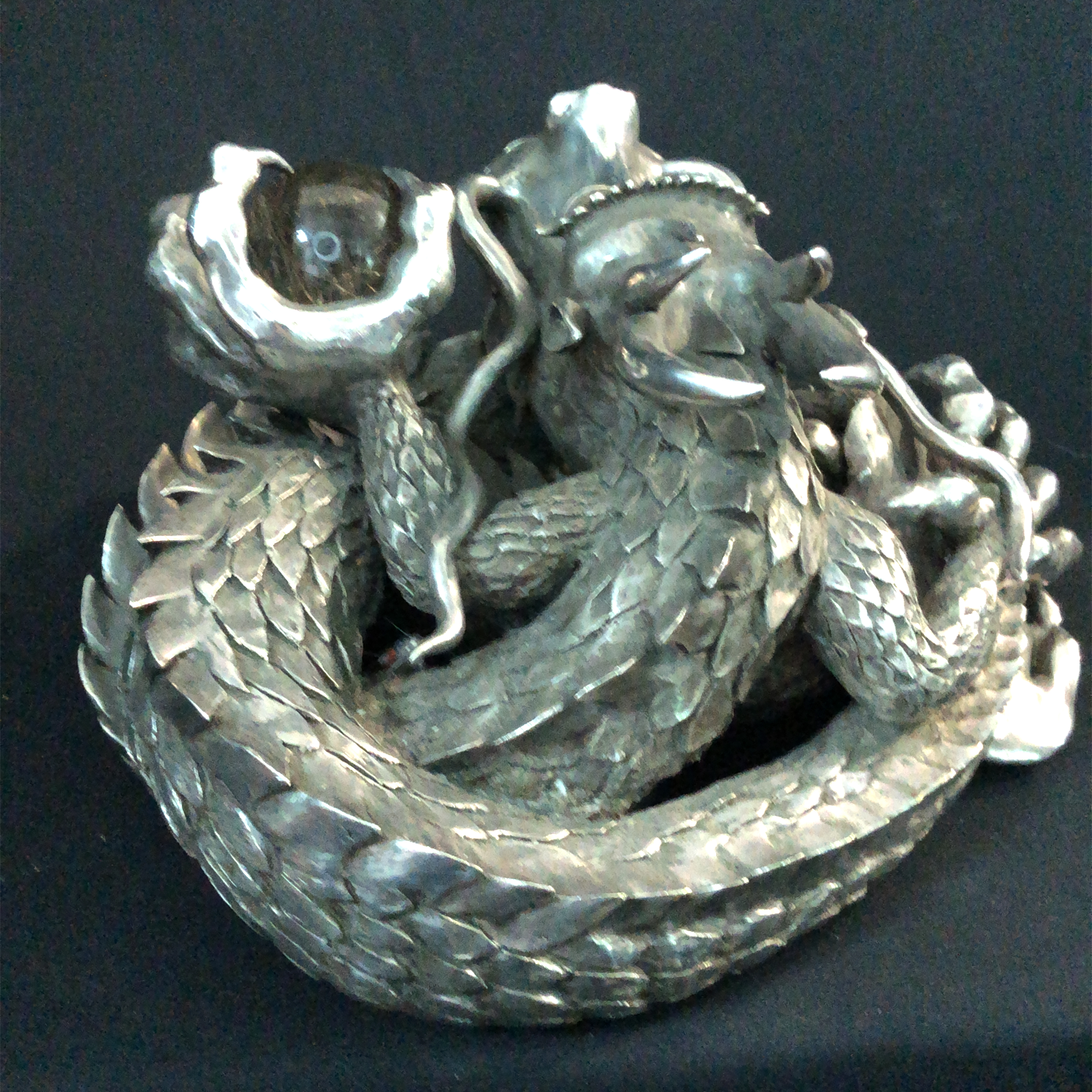 Sand Casted Fine Silver Dragon with Crystal Ball