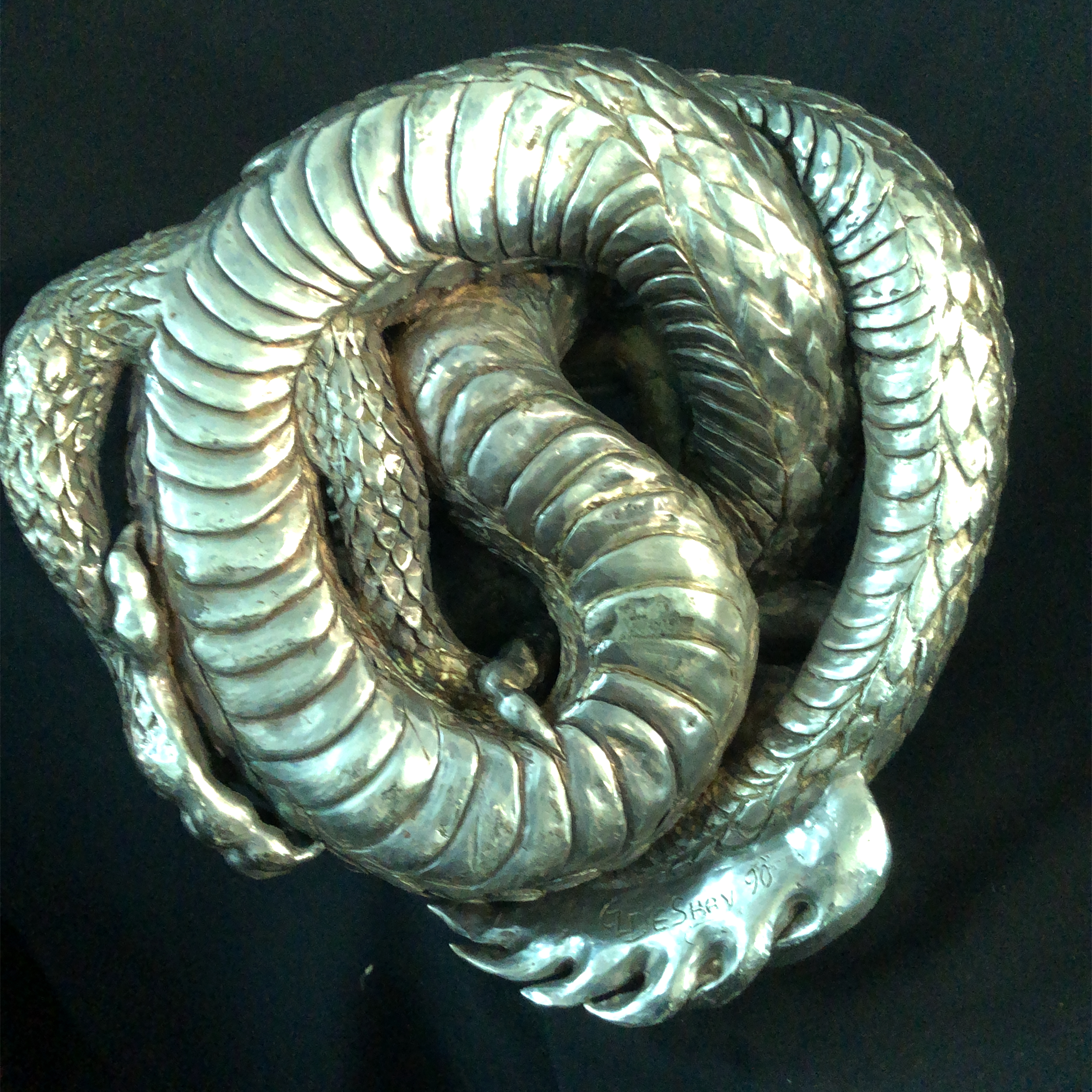 Sand Casted Fine Silver Dragon with Crystal Ball