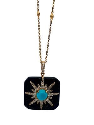 Lapis, Turquoise & Diamond Pendant Necklace. CJI1962/27-KOA 
This striking pendant necklace 