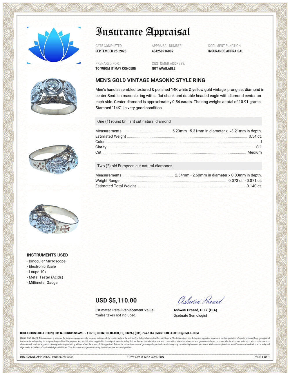 14K Vintage Mens Diamond Masonic Ring
