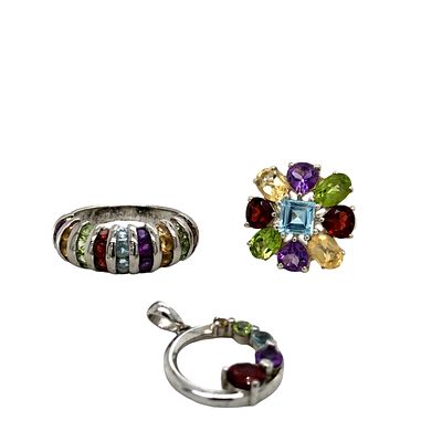 Multi Color Gemstone Rings and Pendant . S/18.5-MOS 
A delightful set of sterling silver jewelry 