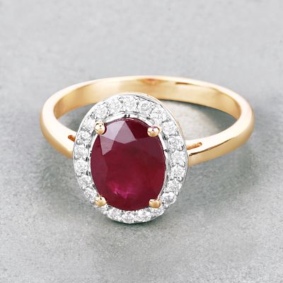 Ruby and Diamond Halo Ring. QJ8423/26-MYMO 
This elegant ring showcases a vivid oval-cut ruby 