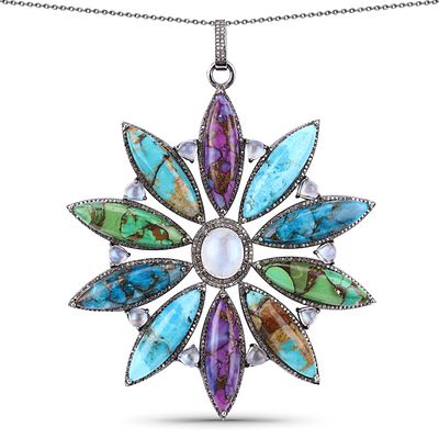 925 Turquoise, Moonstone & Diamond Pendant & Chain. QJ8422/8-YMK 
This dramatic and artistic 