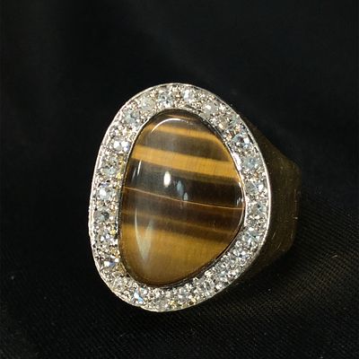 Tigers Eye and Diamond Ring. S/13.4 - MTSS 
This unique handmade cocktail ring features a 