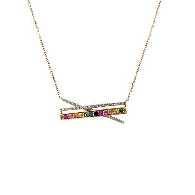 Multi-color Sapphire & Diamond Bar Pendant on Chain. MCE04B/49EMS 
Exquisitely designed in 14k 
