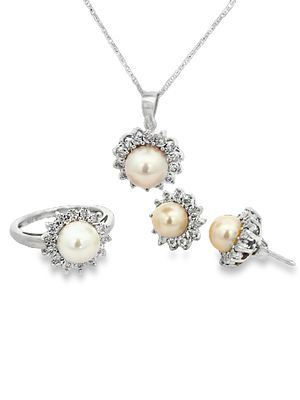 Pearl & Diamond Ring Necklace Earrings Set. S/10-ASS 
This graceful, matching jewelry set 