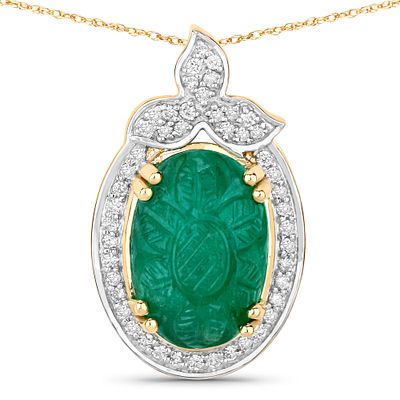 6.75 CT Carved Colombian Emerald & Diamond Pendant. QJ8423/98-MOES 
A stunning intersection of 