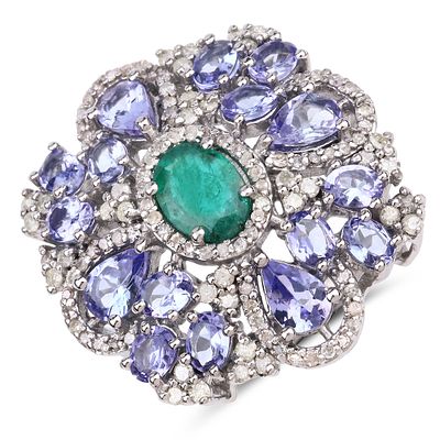 925 Emerald, Tanzanite & Diamond Ring. QJ8422/43-OLN This luxurious .925 sterling silver 