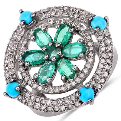 925 Emerald Turquoise & Diamond Ring. QJ8422/15-ONM This unique .925 sterling silver statement 