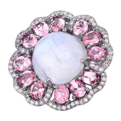Rainbow Moonstone, Tourmaline and Diamond Ring 925. QJ8422/19-OEY This enchanting .925 sterling 