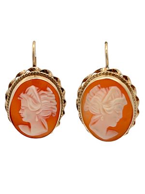 14K Cameo Earrings. These elegant 14k gold earrings feature meticulously carved shell cameos 