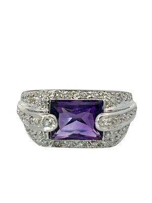 Amethyst & Diamond Ring. A striking 14K white gold ring featuring a vibrant rectangular-cut 