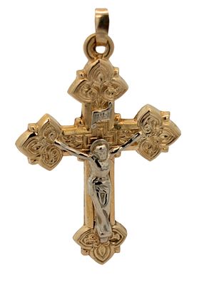 14K Two Tone Crucifix Cross Pendant 1.5". This 14K Two-Tone Crucifix Cross Pendant measures 1.44 