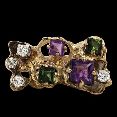 Scattered Diamond, Amethyst, and Tourmaline Ring. S/13.79-MMSS TITLE DESCRIPTION: Diamond 
