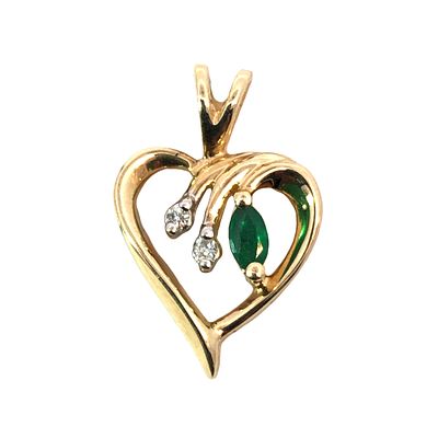 Emerald & Diamond Heart Pendant. S/1.5- MYS This charming pendant features an open heart design 