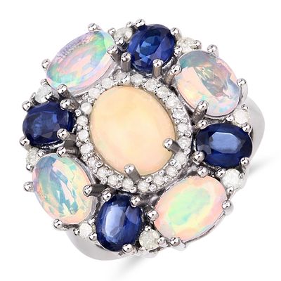 925 Kyanite, Opal & Diamond Ring. QJ8422/25-MTS This enchanting .925 sterling silver statement 