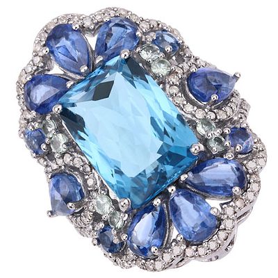 14.37 CT Multi Gemstone & Diamond Ring .925 Ring. QJ8422/1-NYM This striking .925 sterling 