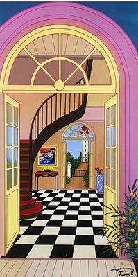 Fanch Ledan Serigraph on canvas Signed. BAT525/26-MSS Description: Interior with Primitive Art 