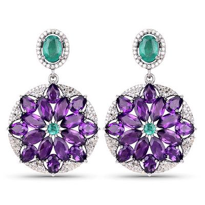 17.71 CT Amethyst, Emerald, and Diamond Earrings 925. QJ8422/6-ESO A stunning intersection of 