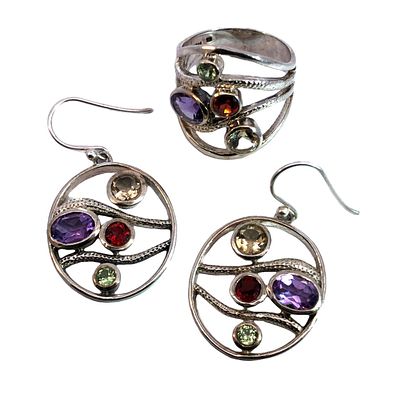 Multi Color Gemstone Ring and Earring Set. S/12.4-MYS This multi-color gemstone jewelry set 