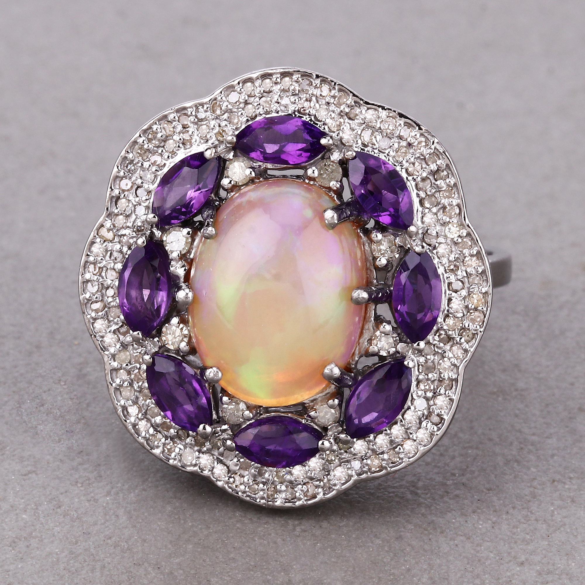 925 Amethyst, Opal & Diamond Ring