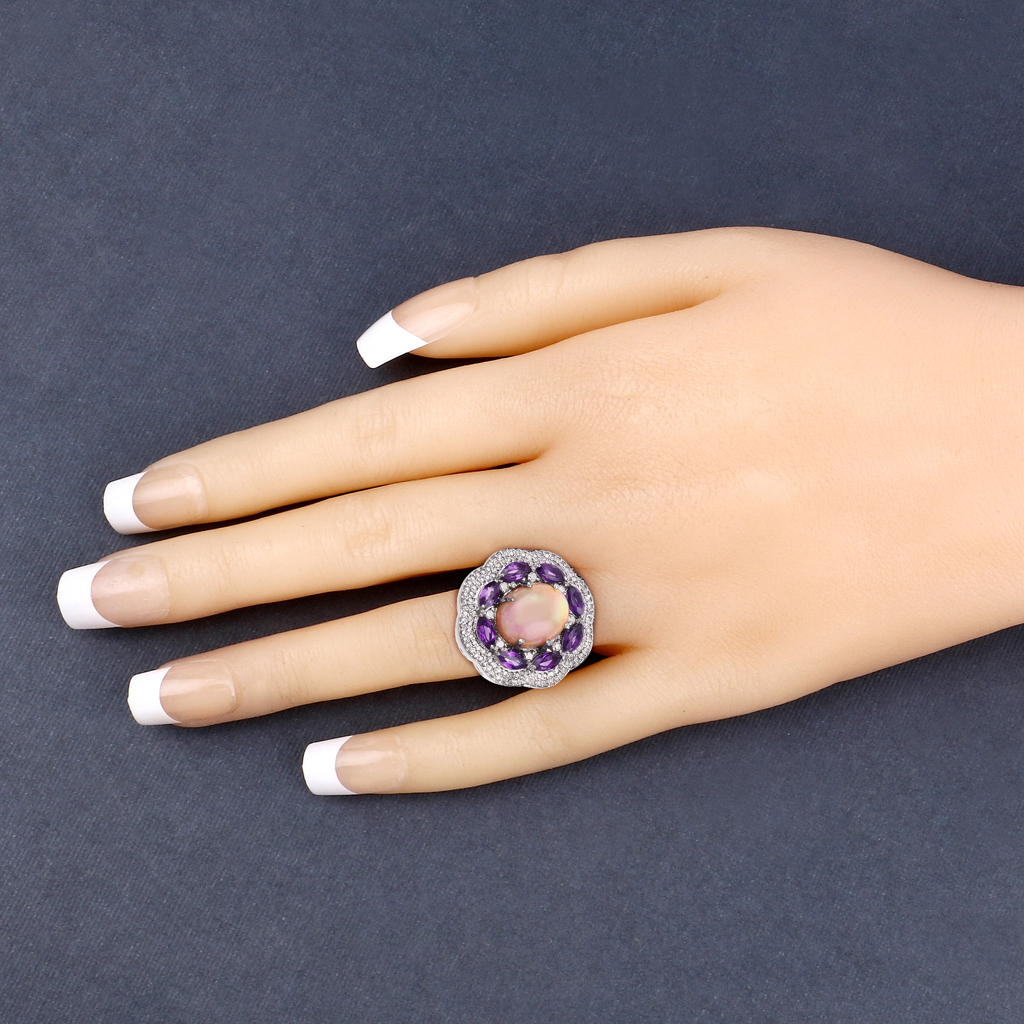 925 Amethyst, Opal & Diamond Ring