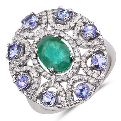 925 Emerald, Tanzanite & Diamond Ring. QJ8422/20-MLE A romantic and complex statement piece 