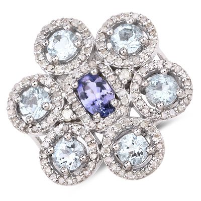 925 Aquamarine, Tanzanite & Diamond Ring. QJ8422/23-OST This sophisticated .925 sterling silver 