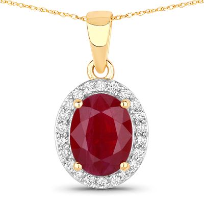 Ruby and Diamond Pendant. QJ8423/84-MOTN 
Oval-cut ruby pendant set in 14K yellow gold. The 