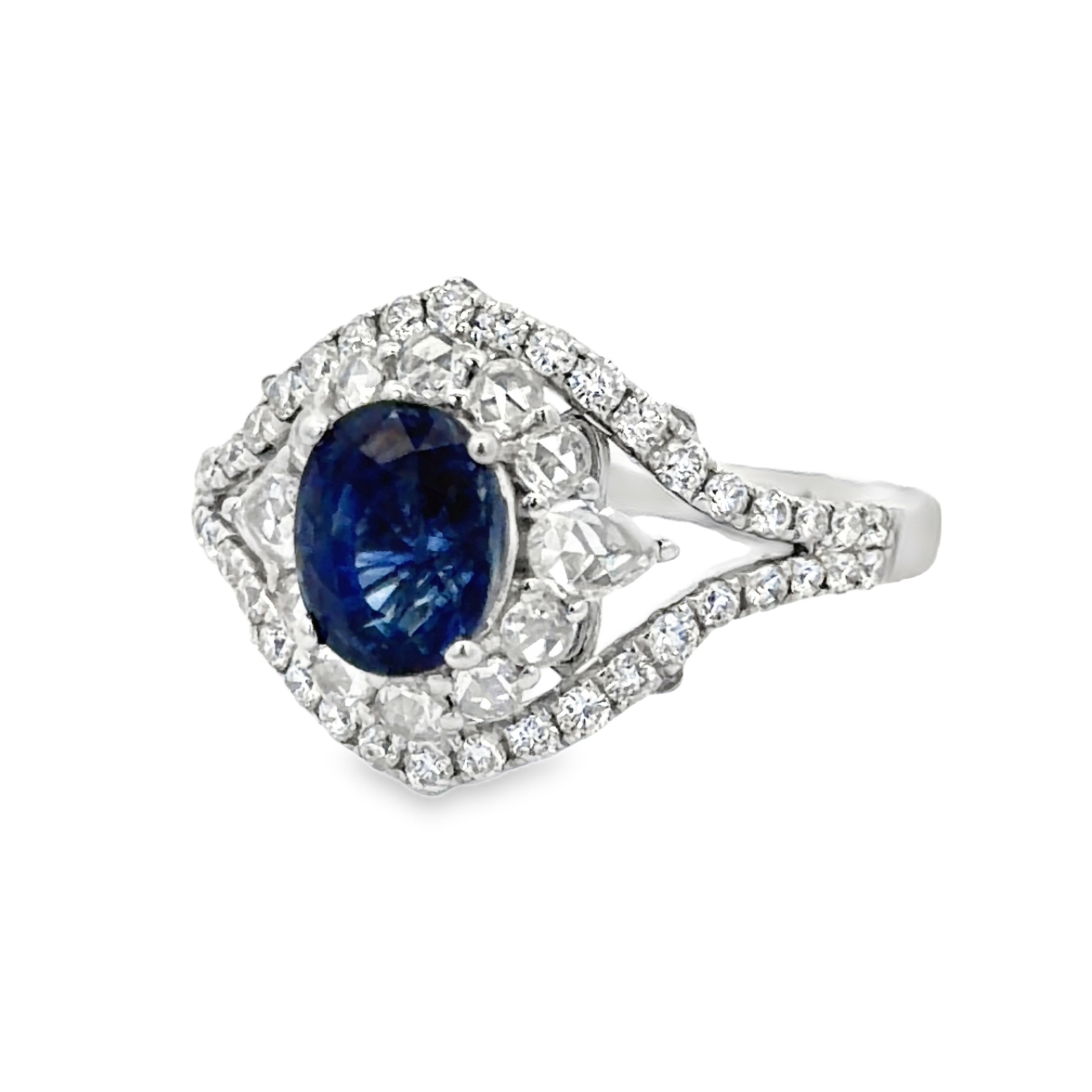 Blue Sapphire and Rose Cut Diamond Ring