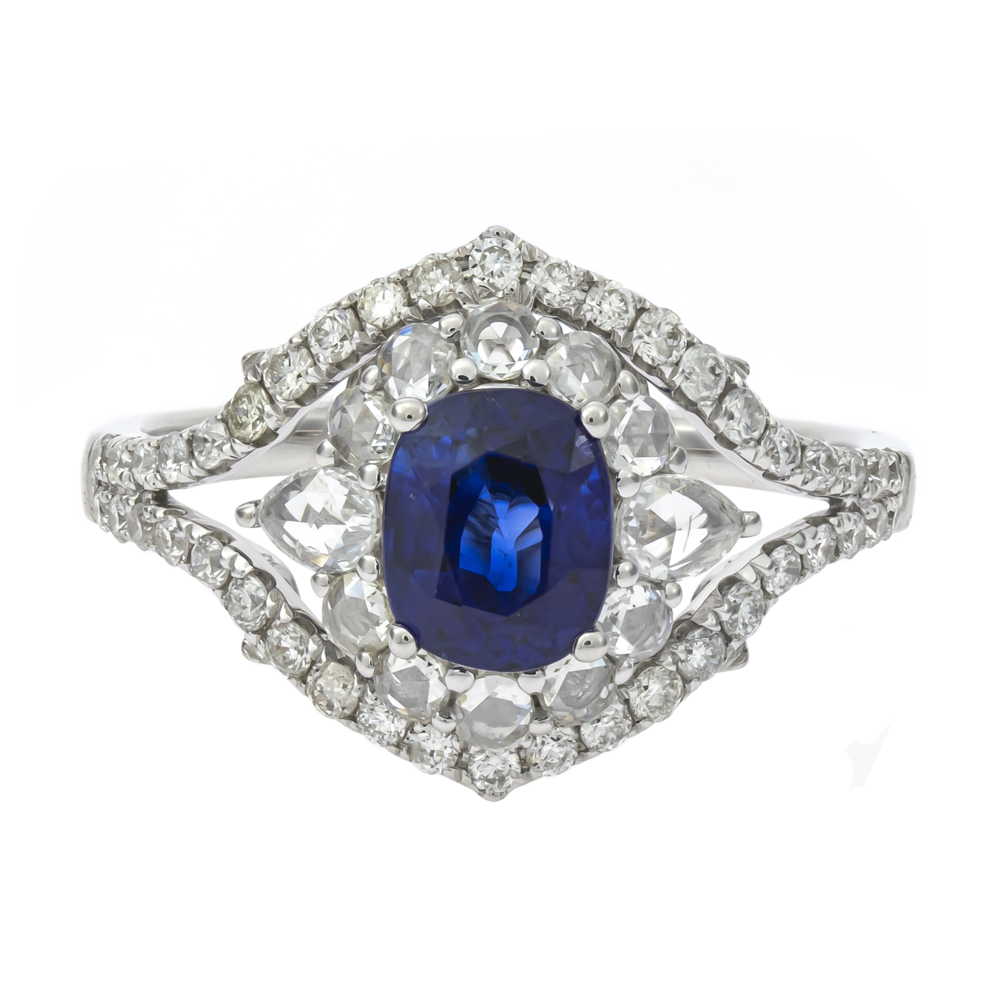 Blue Sapphire and Rose Cut Diamond Ring