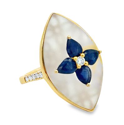 Sapphire and Diamond on Frosted Crystal Ring. CJ0995/10-MSLL 
Artful and contemporary, this 