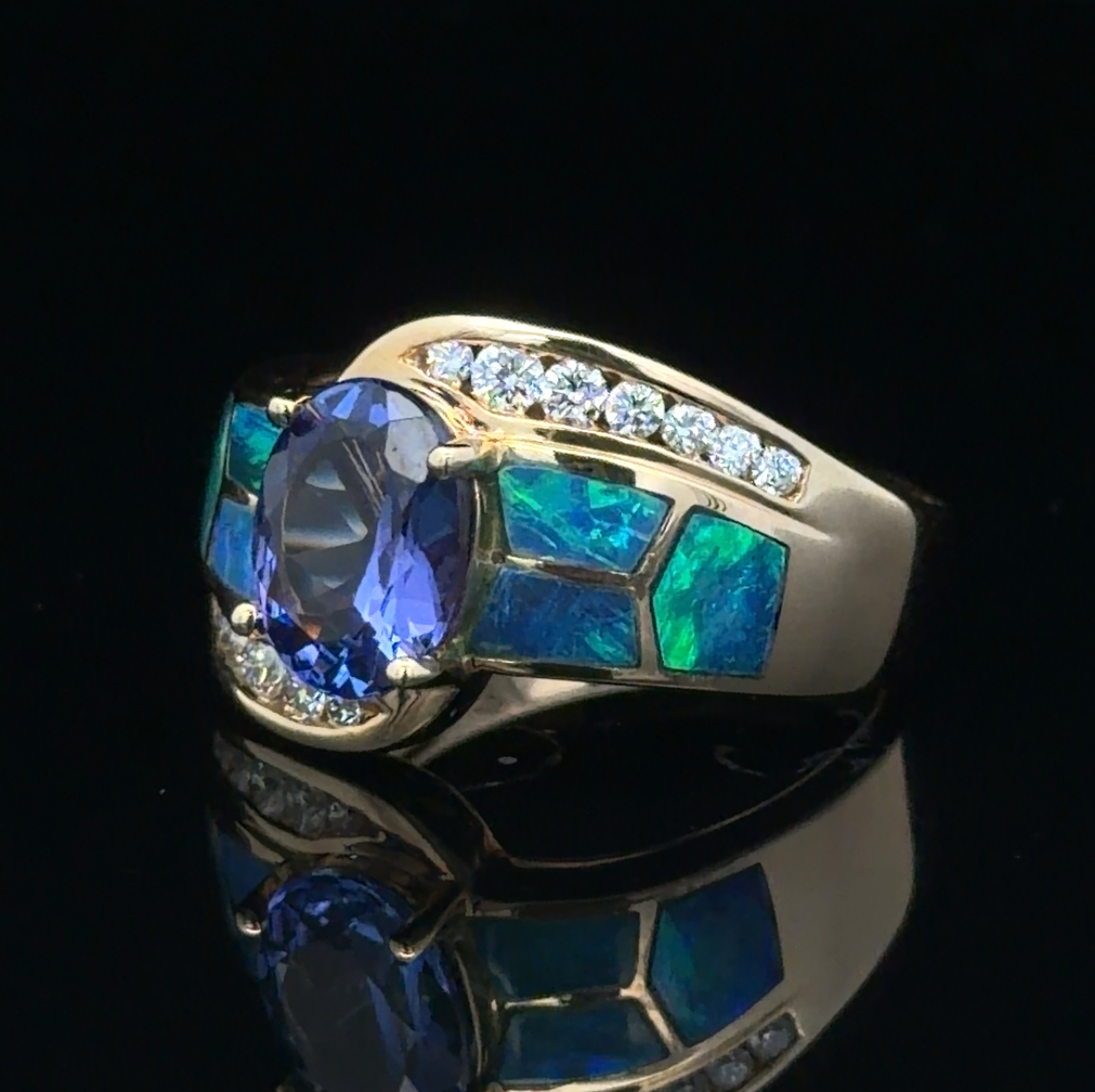 Tanzanite, Inlay Opal and Diamond Ring