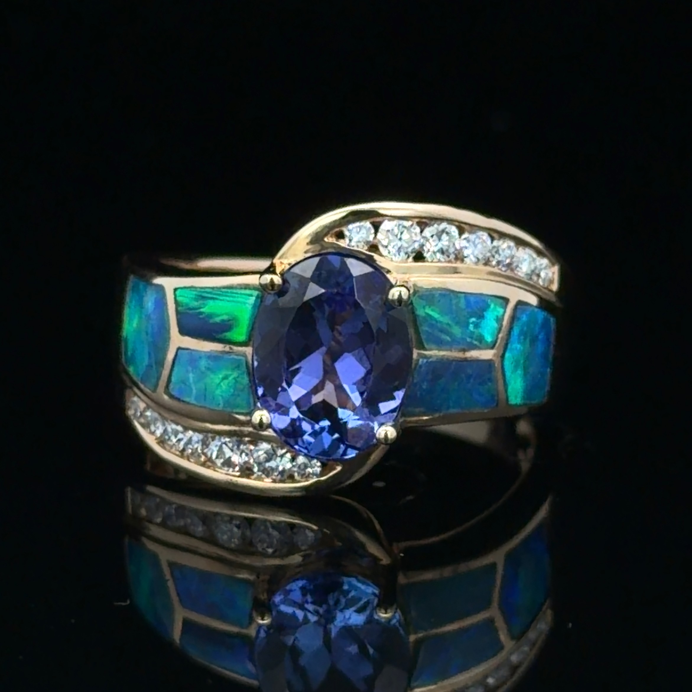 Tanzanite, Inlay Opal and Diamond Ring