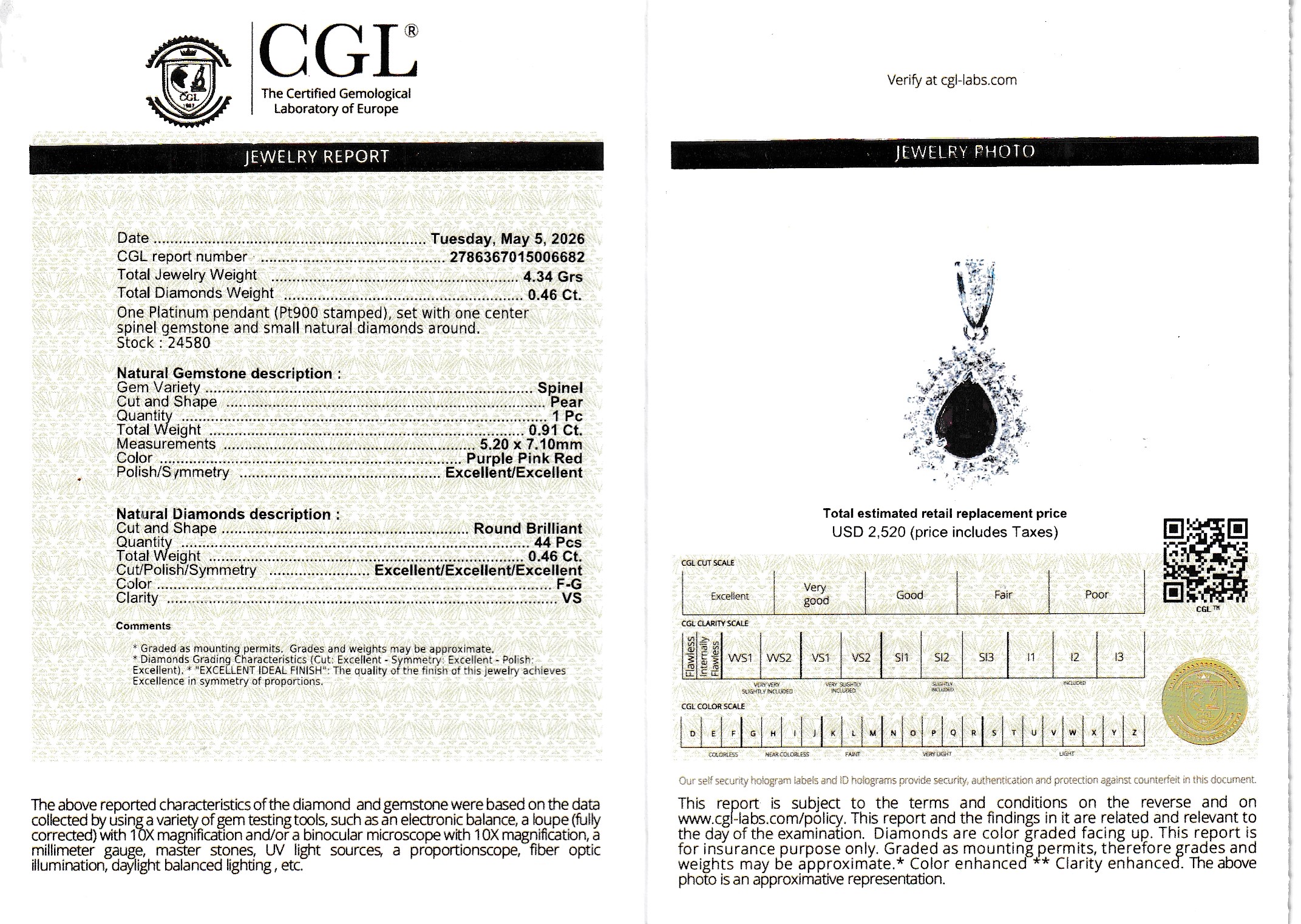 Platinum Spinel and Diamond Pendant